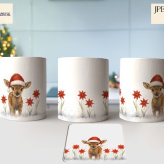 Baby deer in a Christmas field shown on A4, square, circular and mug wrap templates