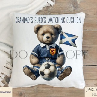 Vintage Scottish football teddy bear designs with badge and background variations shown on product templates
