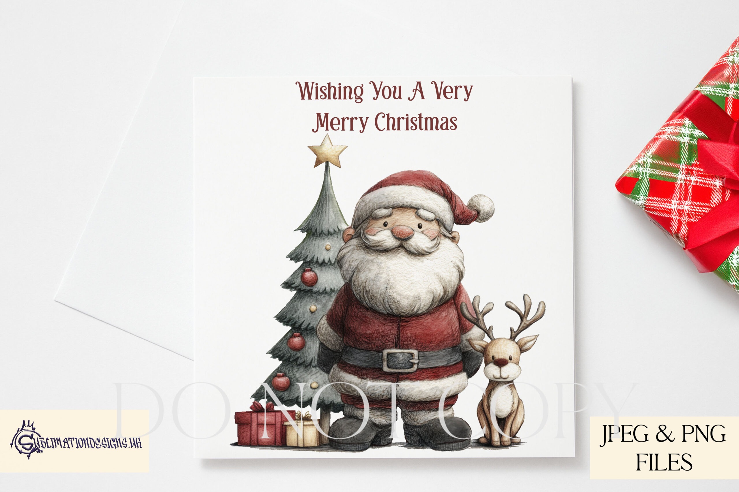Santa and reindeer sketch artwork shown on multiple product templates