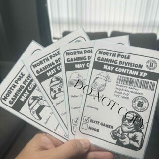 Gamers Santa Post Labels featuring Xbox and PS5-inspired controllers with Noob and Elite Gamer options