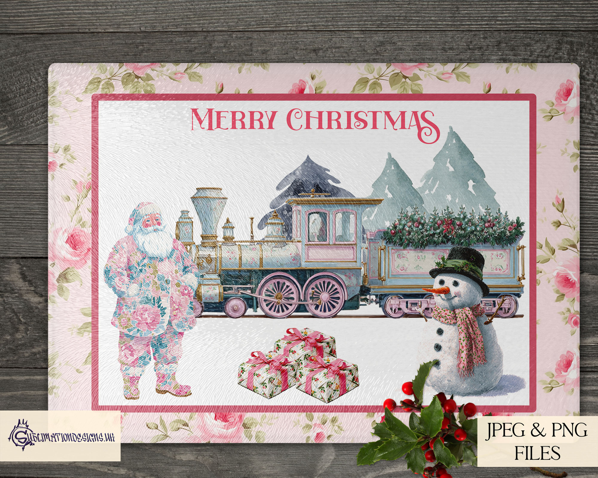 Floral Christmas design featuring festive trains, baubles, and chopping board artwork in vintage-inspired style