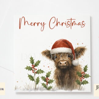 Highland cow in a Christmas field design shown on A4, square, circular and mug wrap templates
