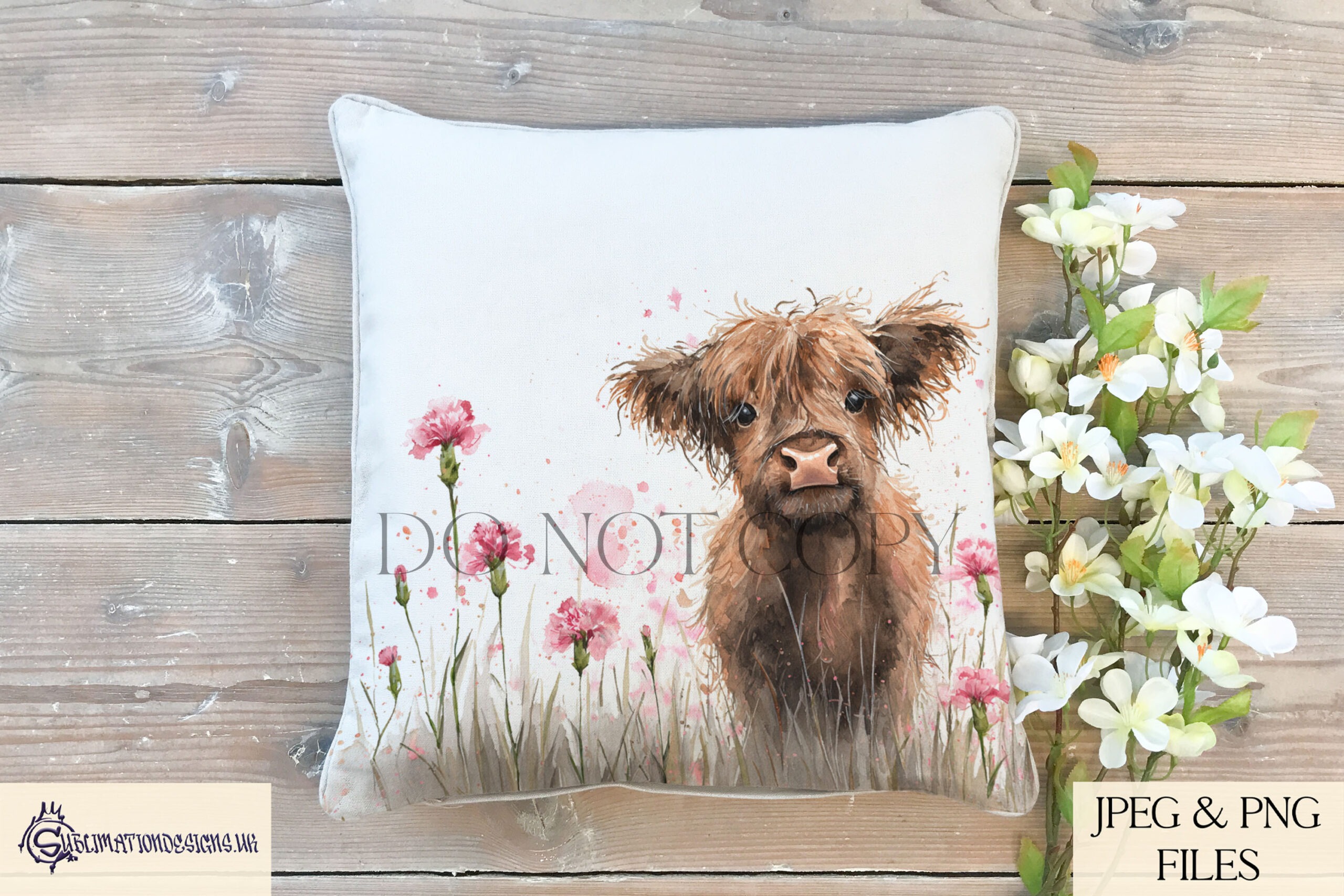 Highland cow calf in a carnation field on A4, square and mug wrap templates