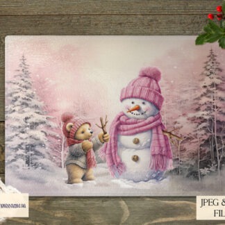 Girl teddy bear building a snowman in pink Christmas design set with multiple template formats
