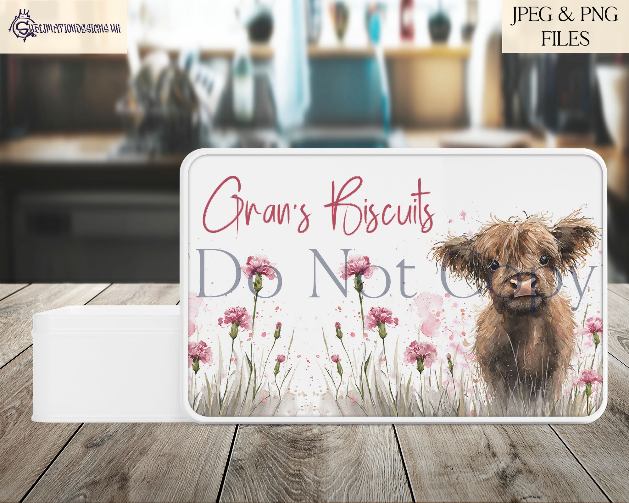 Highland cow calf in a carnation field on A4, square and mug wrap templates