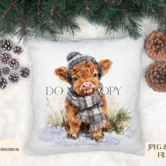 Winter Highland calf wearing knitted hat and scarf shown on product templates