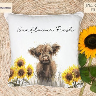 Highland cow calf in a sunflower field shown on A4, circular, square and mug wrap templates