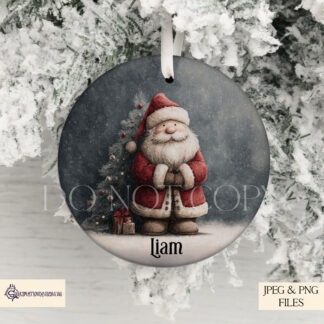 Textless Santa Claus and Christmas tree designs shown on square, A4 and circular templates