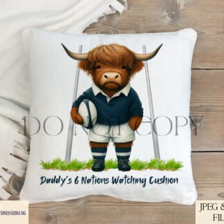 Highland cow wearing Six Nations rugby kits shown with and without rugby goal posts