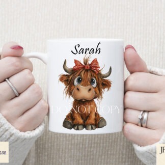 Highland cow wearing a red hair bow shown in textless and worded design variations