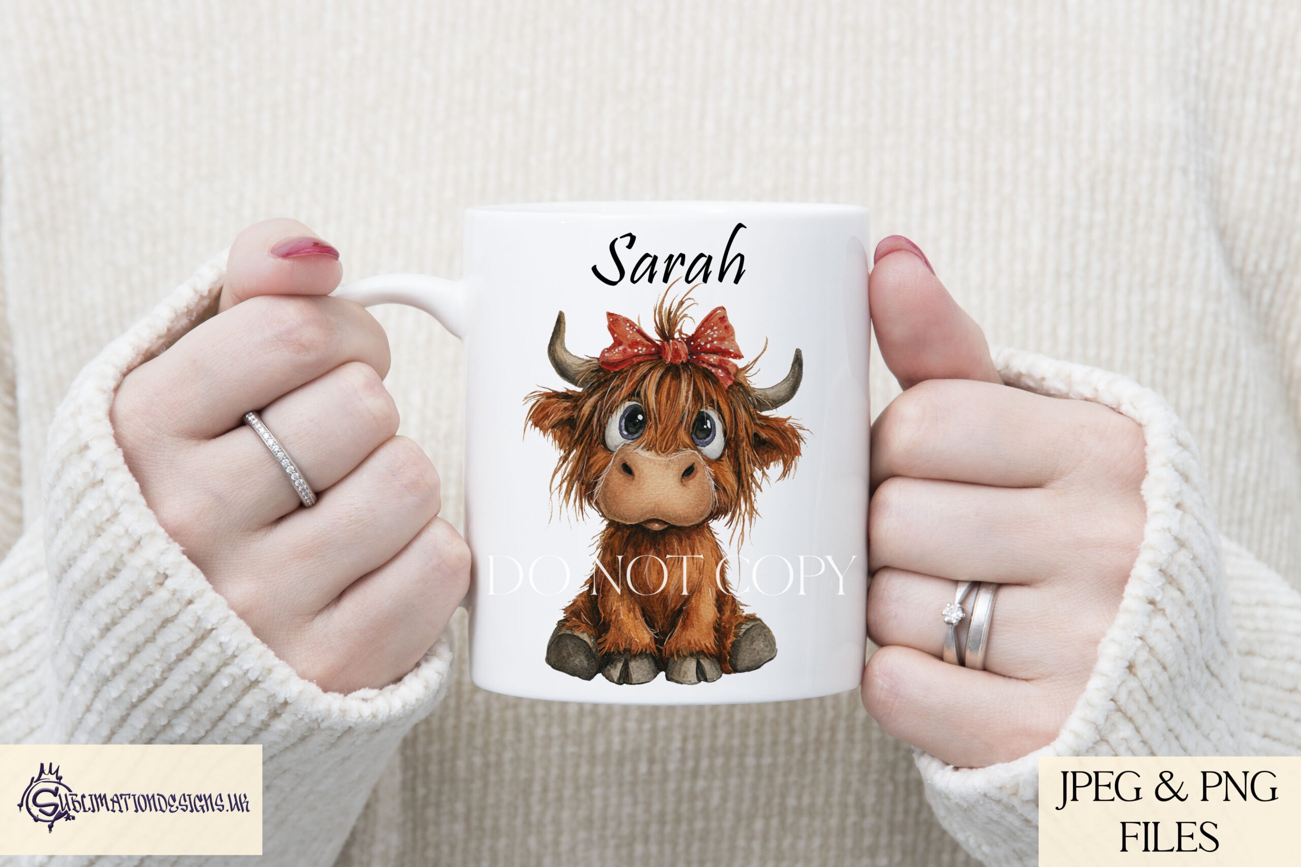 Highland cow wearing a red hair bow shown in textless and worded design variations