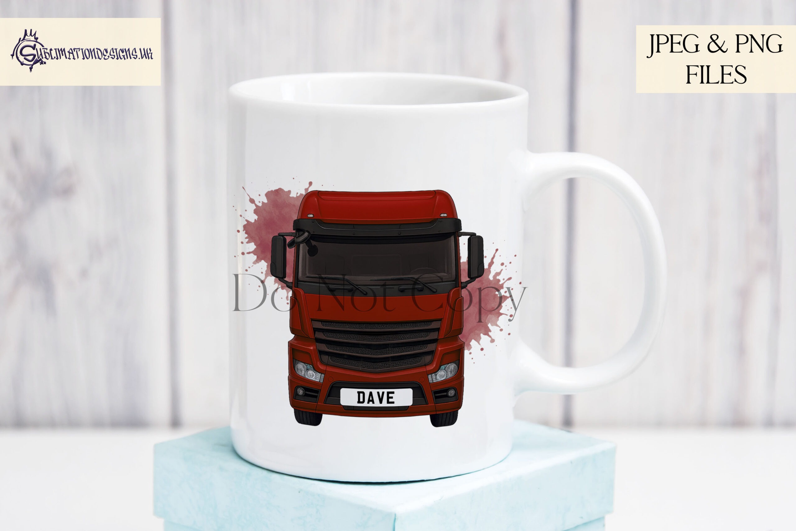 Trucker themed designs including personalised trucks and novelty artwork shown on product mock ups