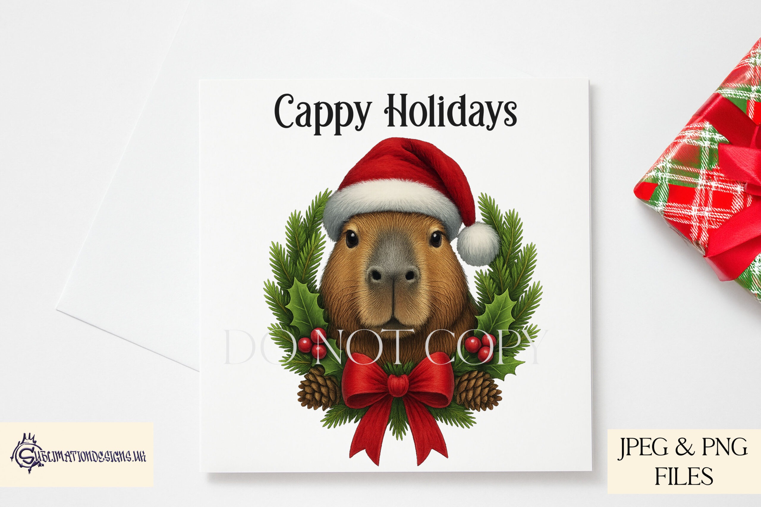 Capybara Christmas designs featuring wreath and tangled lights variations shown on product mock ups