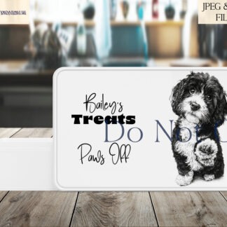 Begging poodle mix dog designs and comedy chopping board layout shown on product mock ups