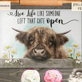 Highland cow daisy field artwork shown in multiple layout options with and without wording