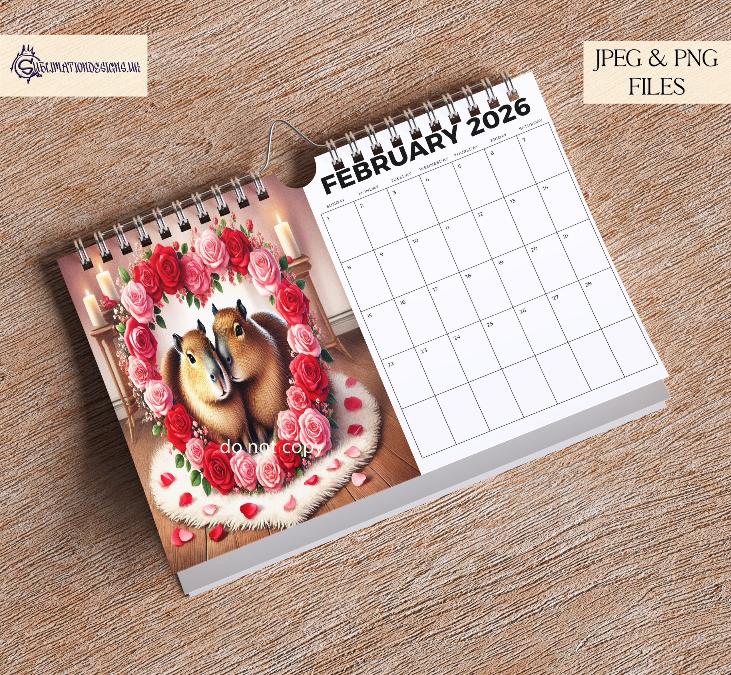 Twelve monthly Capybara designs shown on A4 layouts with seasonal backgrounds