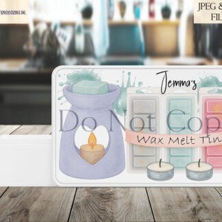 Wax melt tin label designs in multiple colour variations displayed on product mock ups