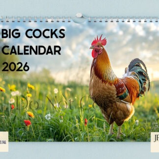 Twelve A4 cockerel themed monthly designs shown with example calendar cover layouts