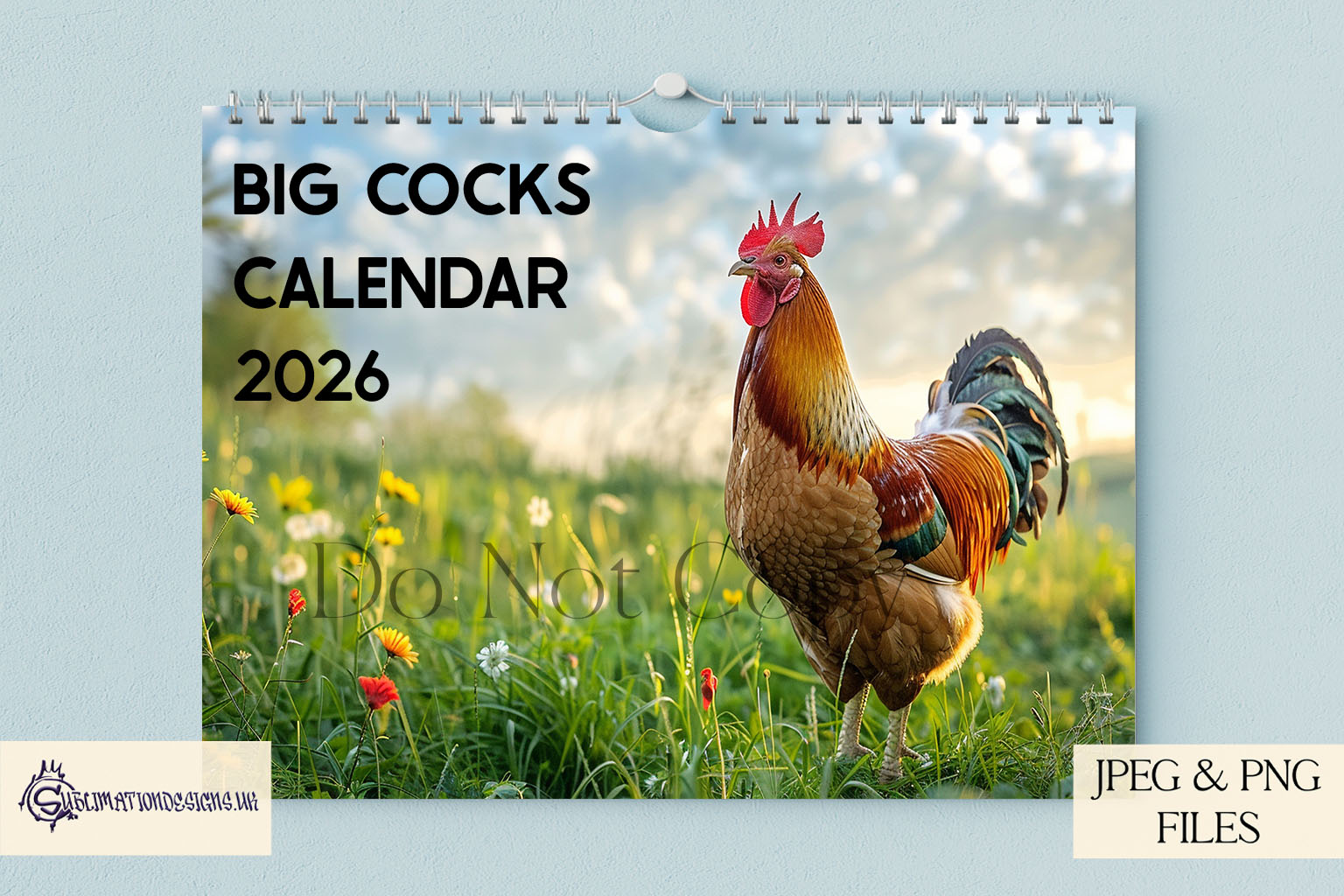 Twelve A4 cockerel themed monthly designs shown with example calendar cover layouts