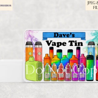 Vaping themed tin label designs and mug wraps displayed on clean product mock ups