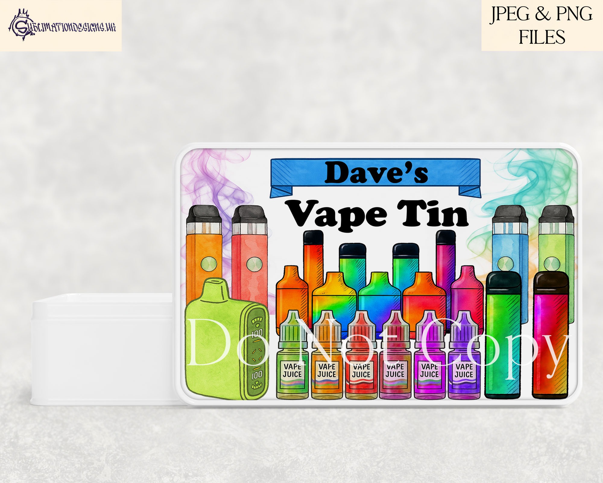 Vaping themed tin label designs and mug wraps displayed on clean product mock ups