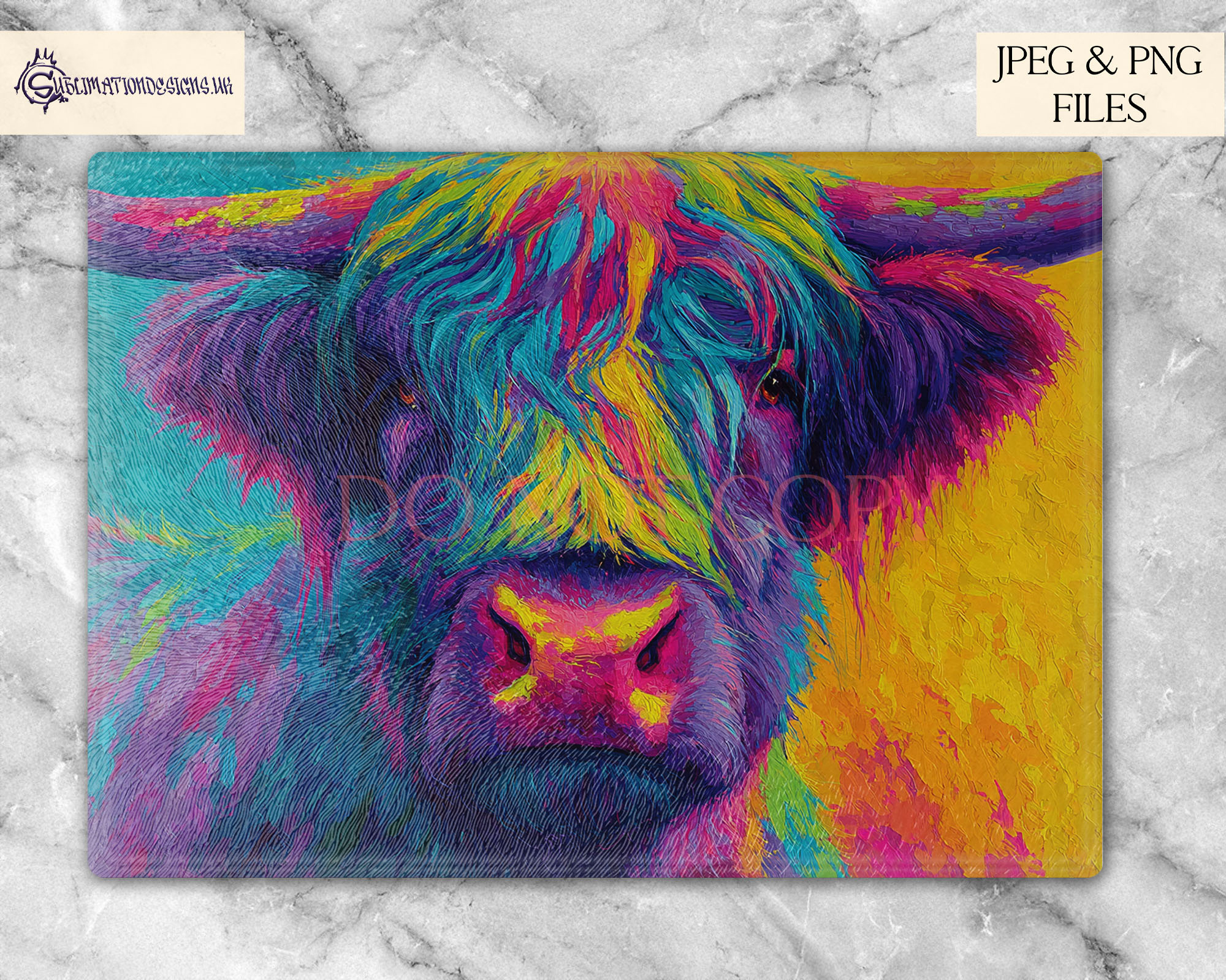 Vibrant abstract farm animal designs displayed on product mock ups