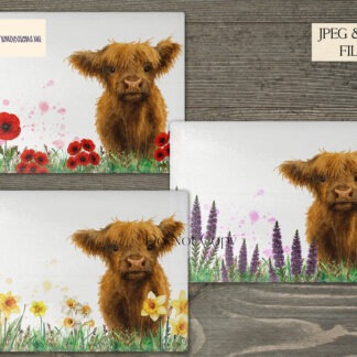 Highland cow floral field designs in daffodil, heather and poppy themes shown across multiple template layouts