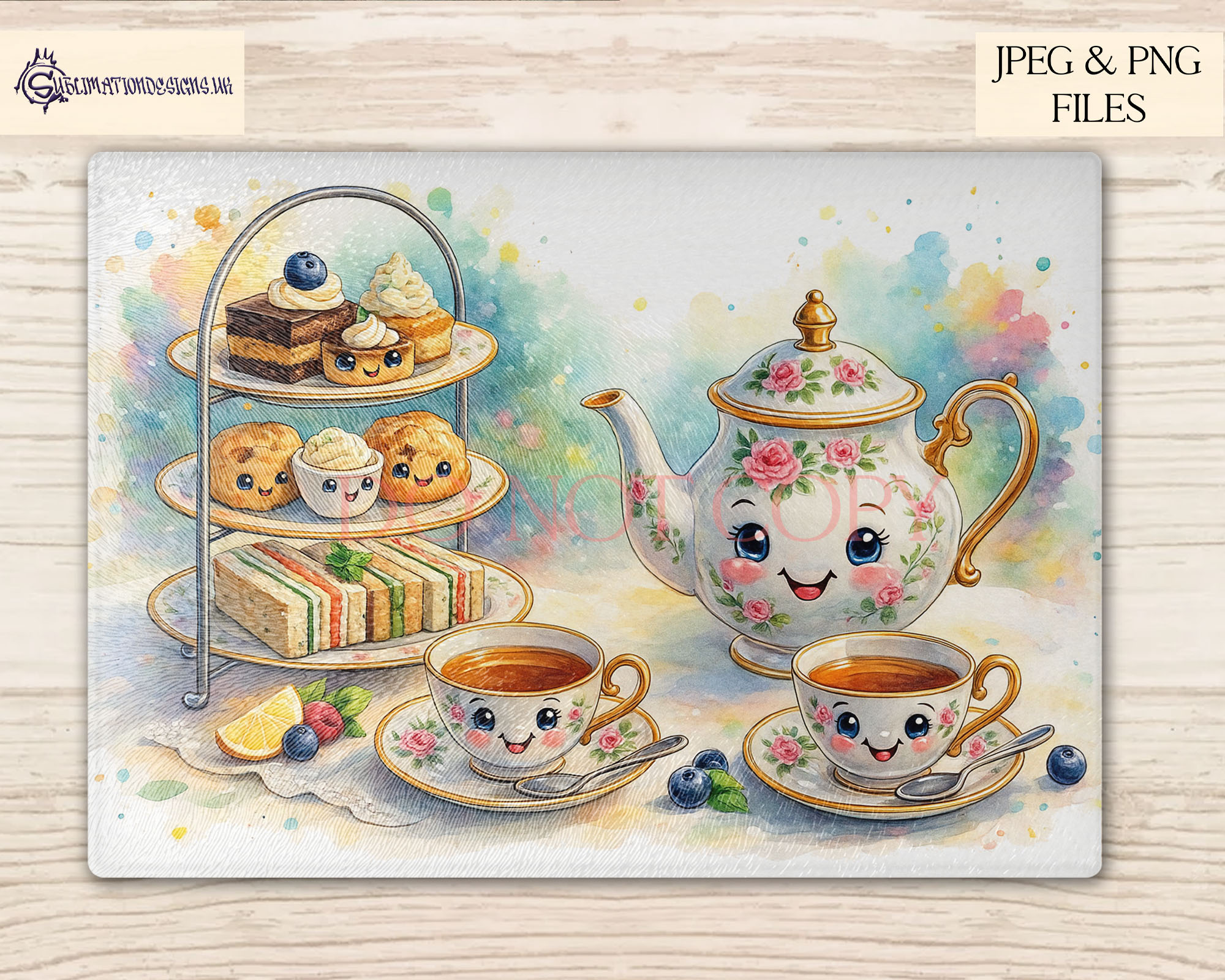 Jolly afternoon tea character designs in pastel, vibrant and background free formats displayed on mock ups