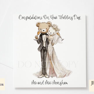 Wedding animal couples featuring teddy bears, Highland cows and rabbits shown with and without pavilion backgrounds