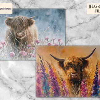 Highland cow artwork paired with birth month flowers shown on A4 layouts