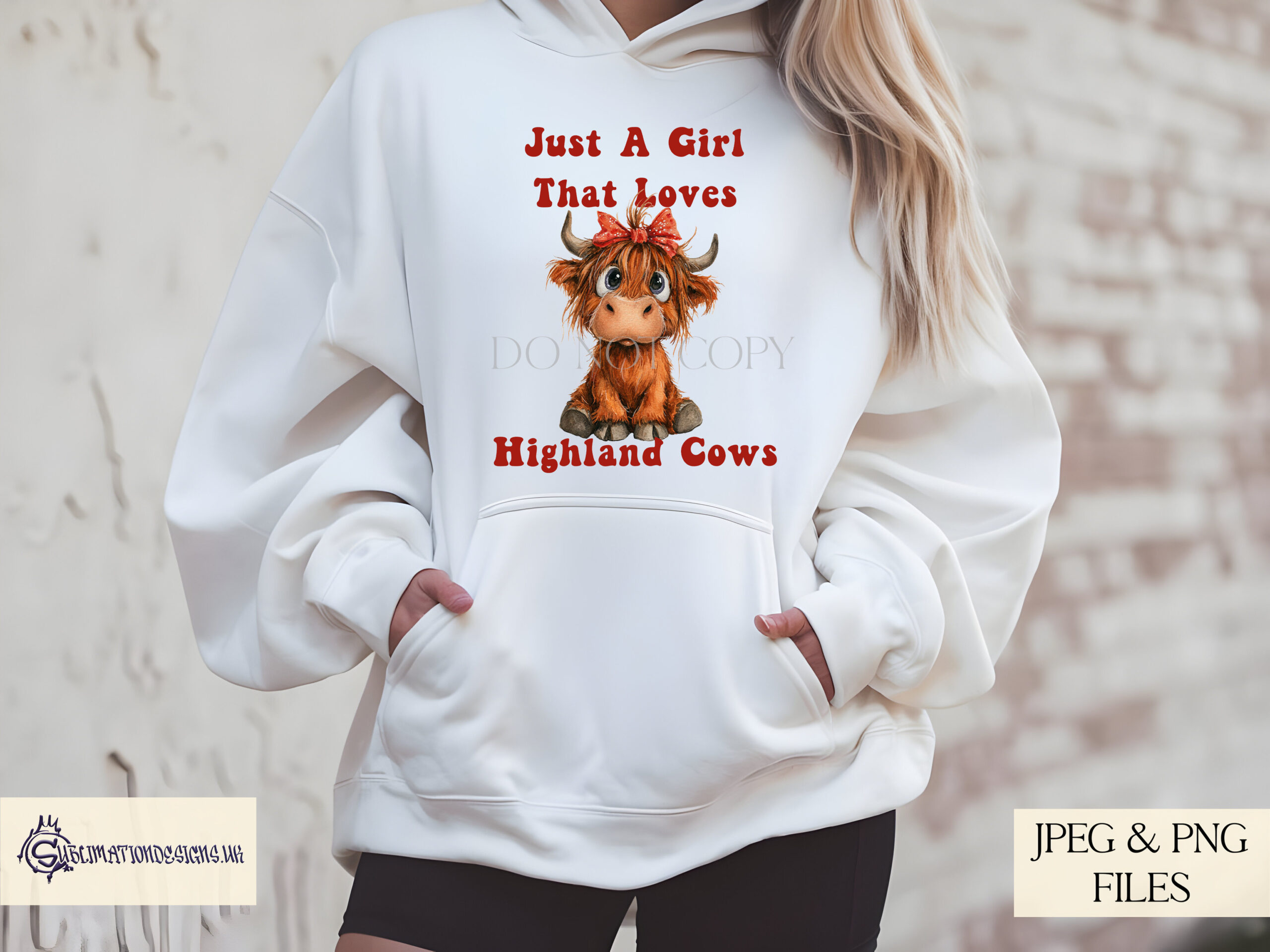 Highland cow wearing a red hair bow shown in textless and worded design variations
