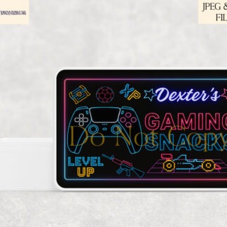 Neon gaming snacks tin designs with personalised name space shown on product mock ups