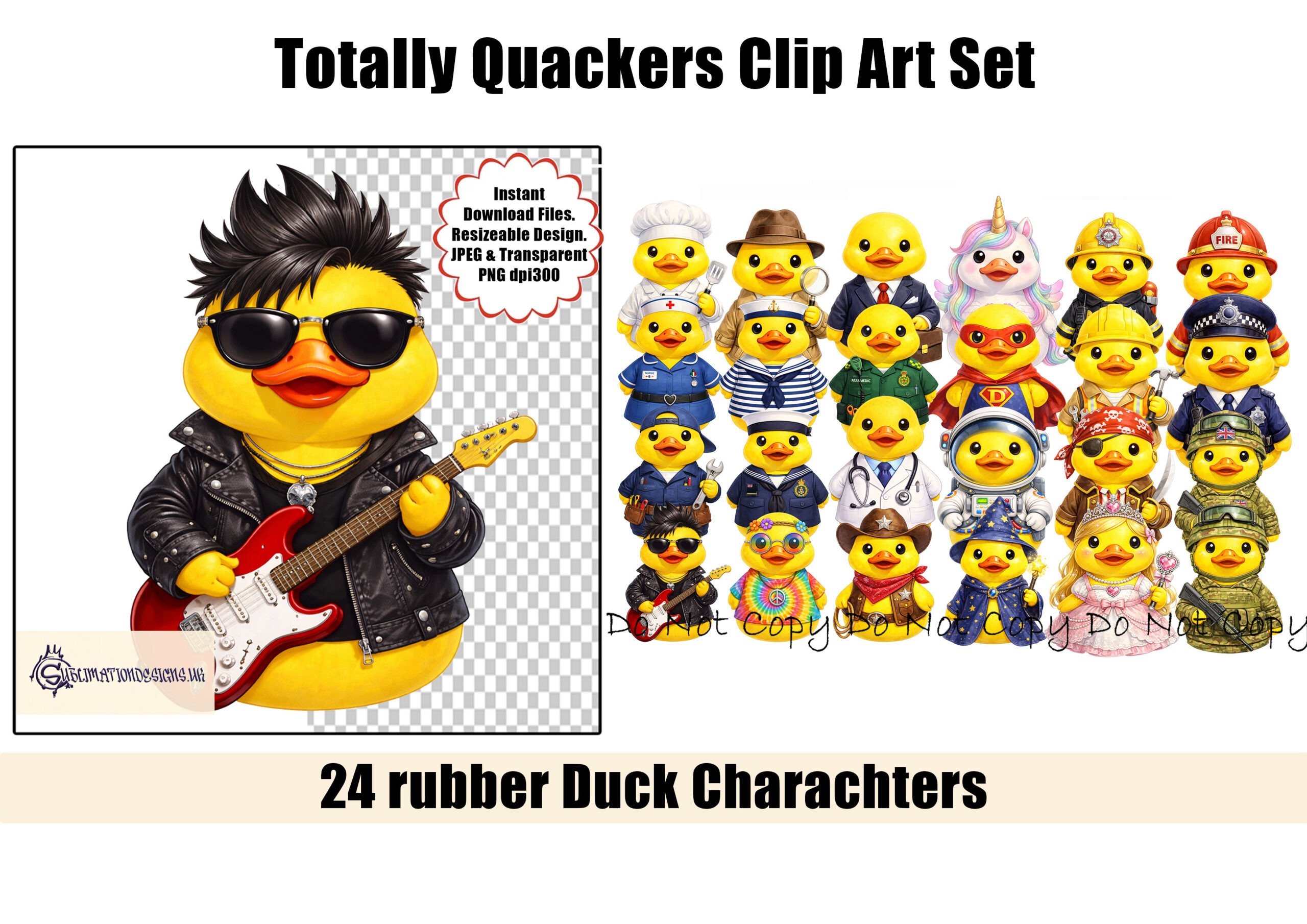 Totally Quackers rubber duck clip art designs featuring army, navy, builder, office worker, and unicorn ducks displayed on product mock ups
