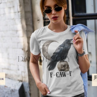 Gothic and comedic raven designs with textless and worded versions displayed on product mock ups