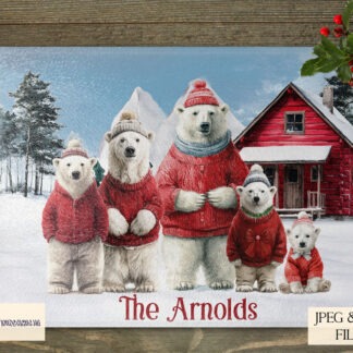 Polar bear family clip art with winter log cabin backgrounds shown on mug wrap, square, round and A4 templates