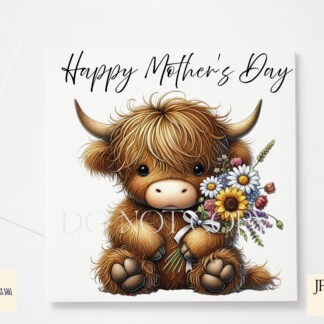 Highland cow holding a bouquet of flowers in a soft floral style