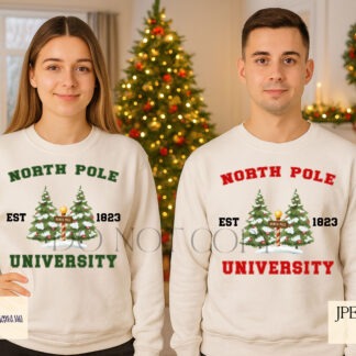 North Pole University Christmas designs shown in red, green and pink variations on product mock ups