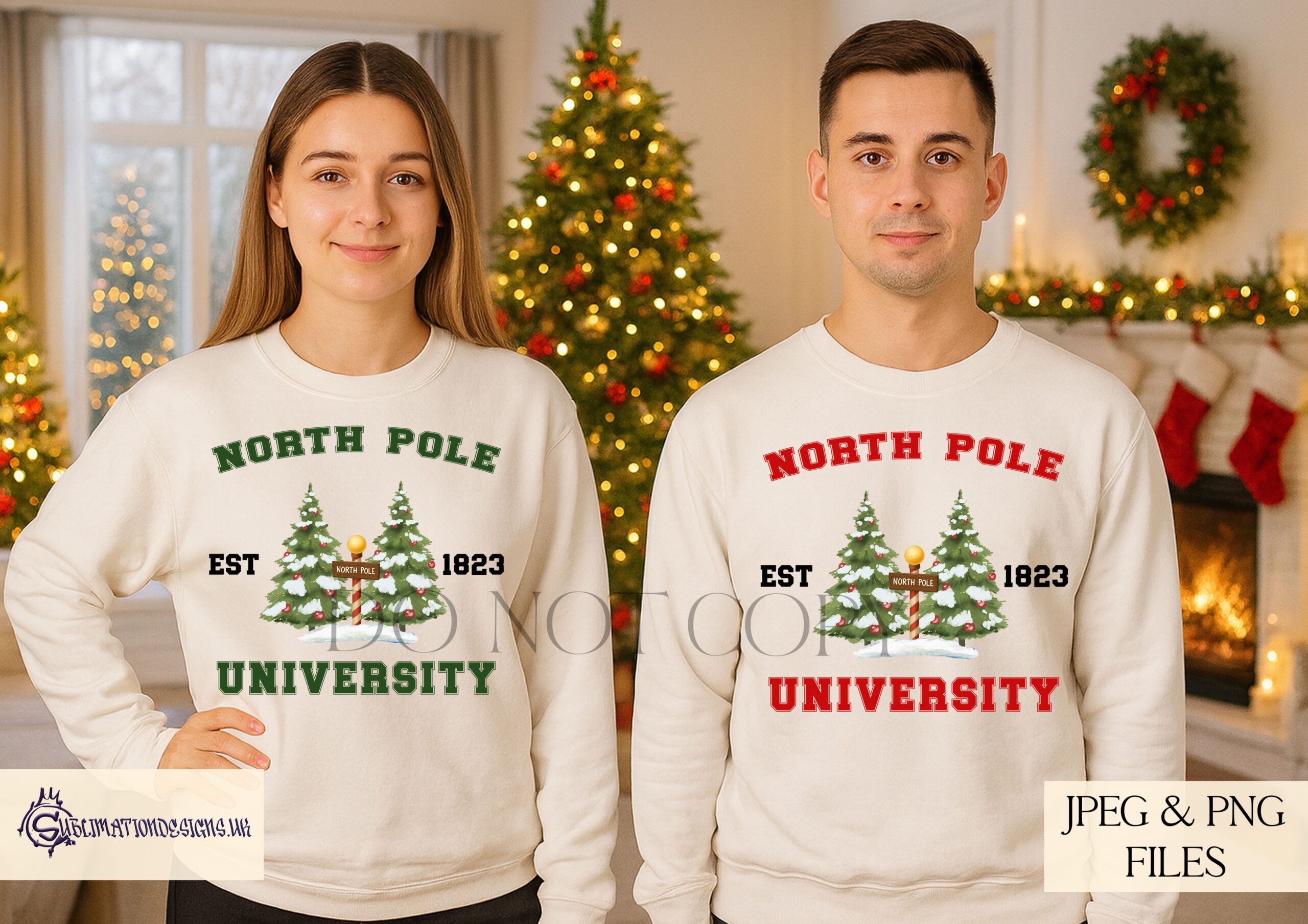 North Pole University Christmas designs shown in red, green and pink variations on product mock ups