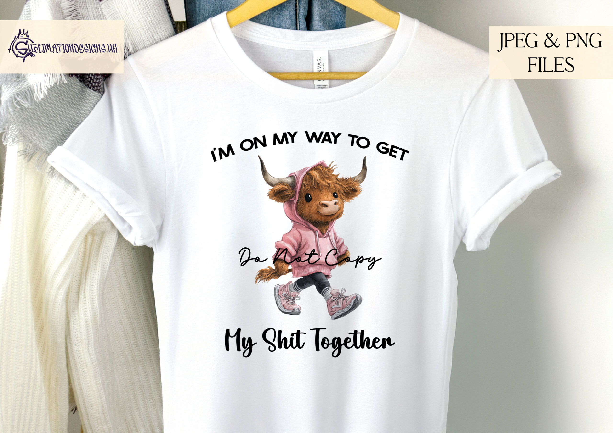 Humorous Highland cow designs in pink and orange hoodies shown on product mock ups