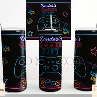 Neon retro gaming tumbler designs themed around Xbox, PS, Switch, headset and keyboard versions shown on product mock ups