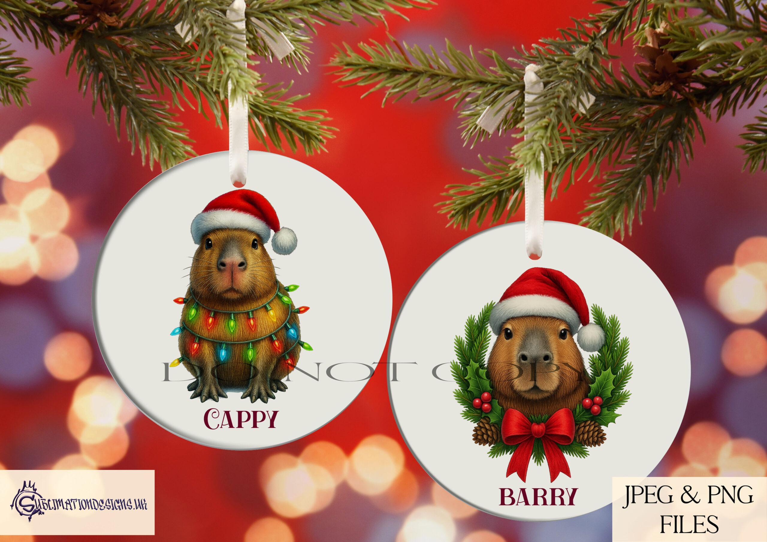 Capybara Christmas designs featuring wreath and tangled lights variations shown on product mock ups