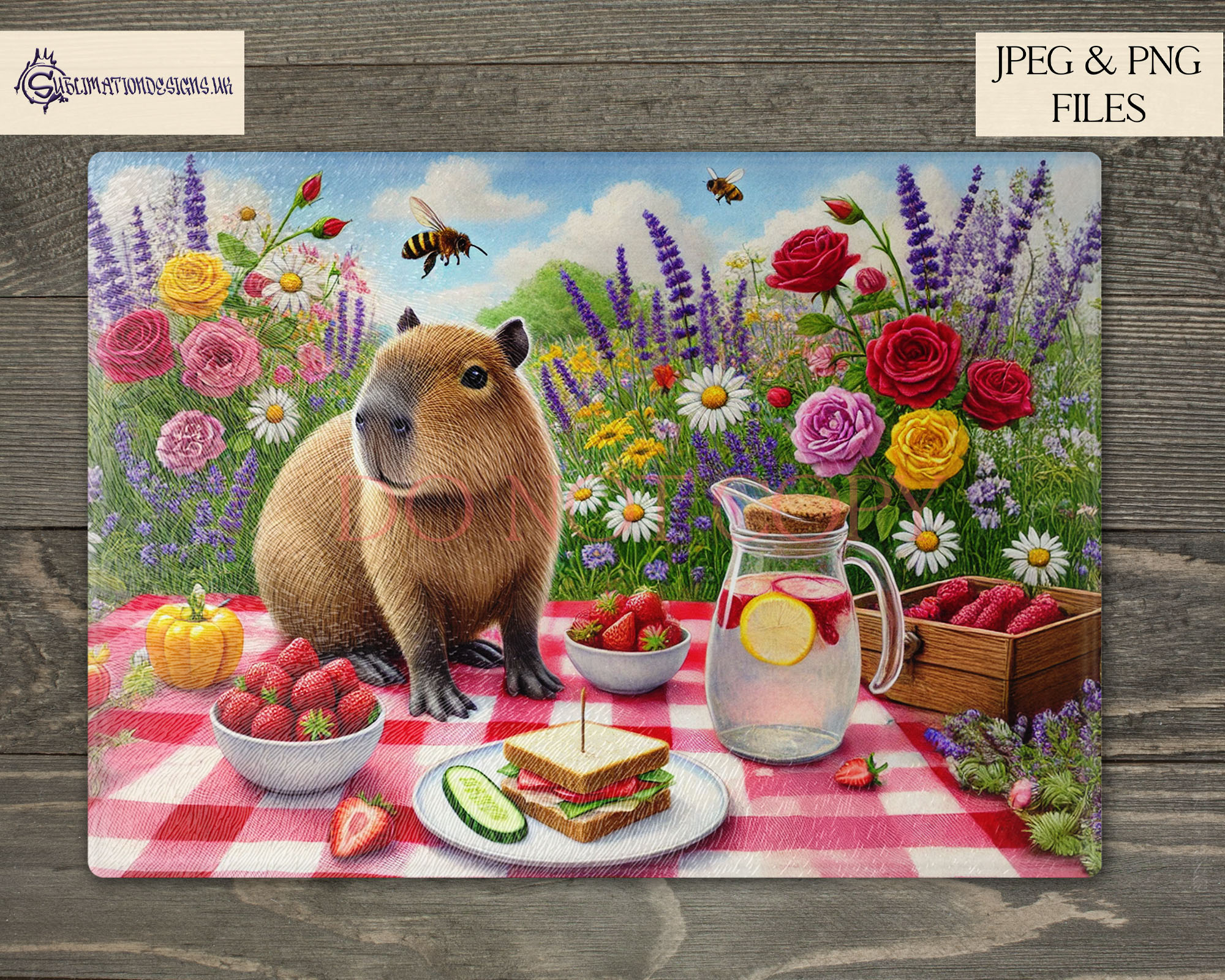 Twelve monthly Capybara designs shown on A4 layouts with seasonal backgrounds