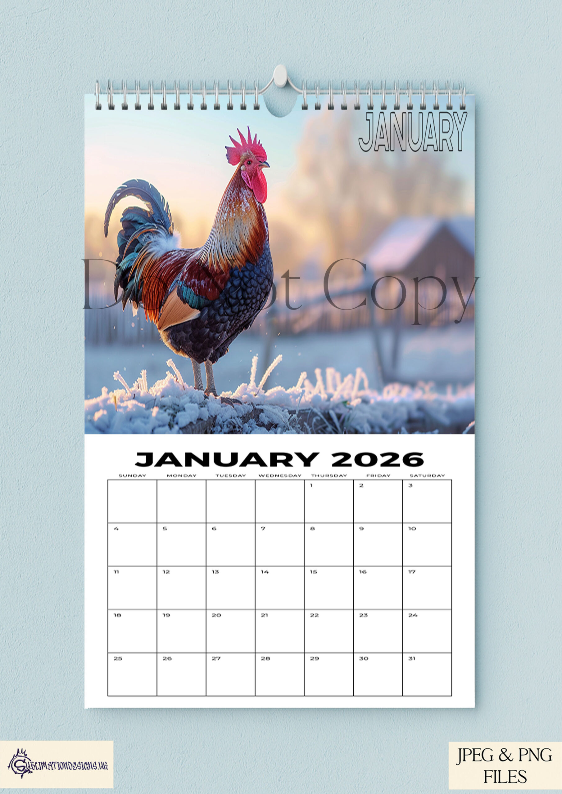 Twelve A4 cockerel themed monthly designs shown with example calendar cover layouts