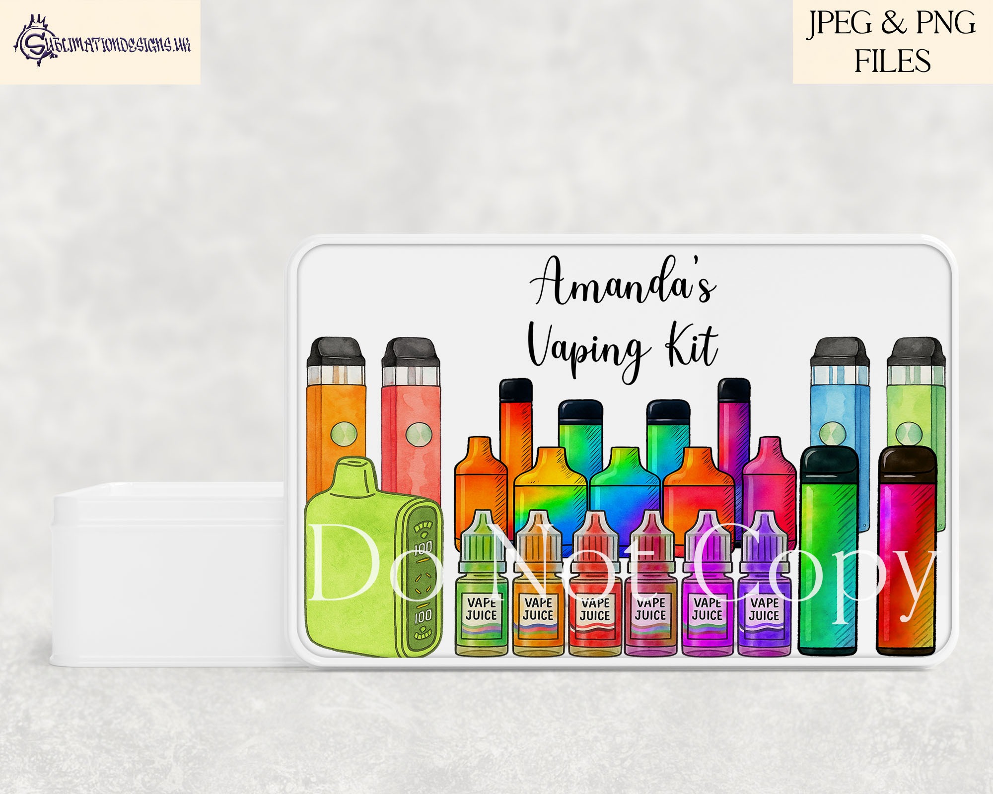 Vaping themed tin label designs and mug wraps displayed on clean product mock ups