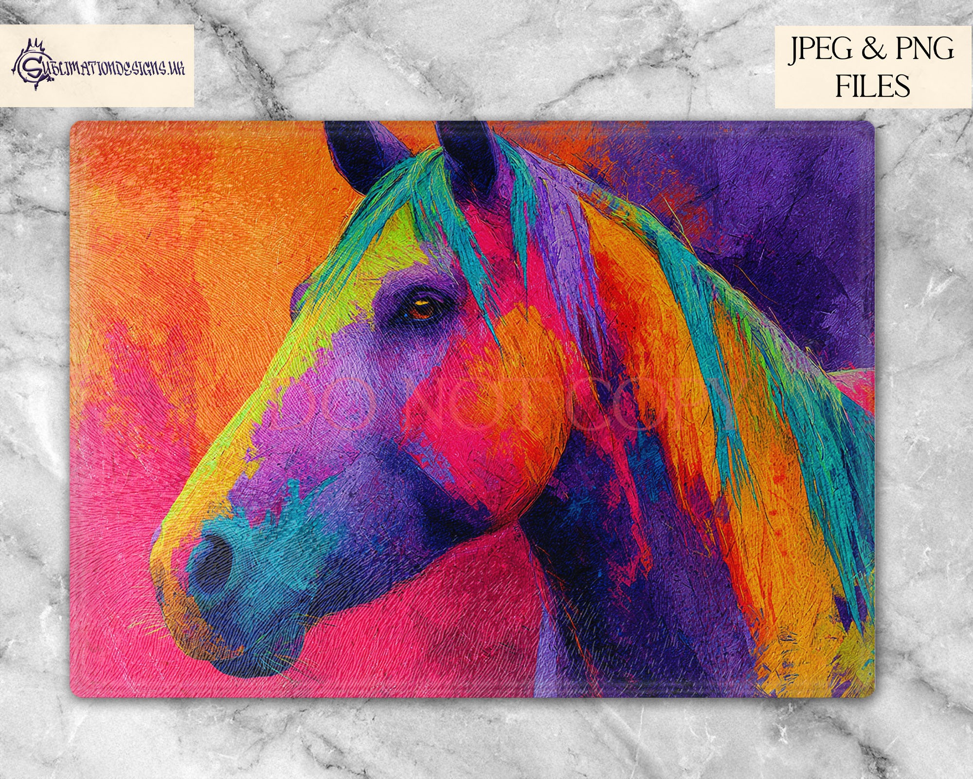 Vibrant abstract farm animal designs displayed on product mock ups