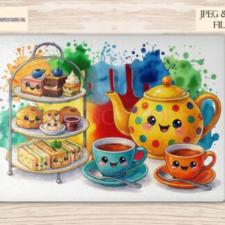 Jolly afternoon tea character designs in pastel, vibrant and background free formats displayed on mock ups