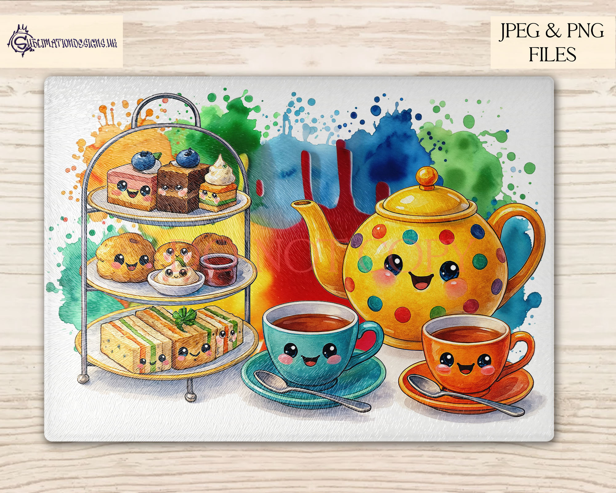 Jolly afternoon tea character designs in pastel, vibrant and background free formats displayed on mock ups