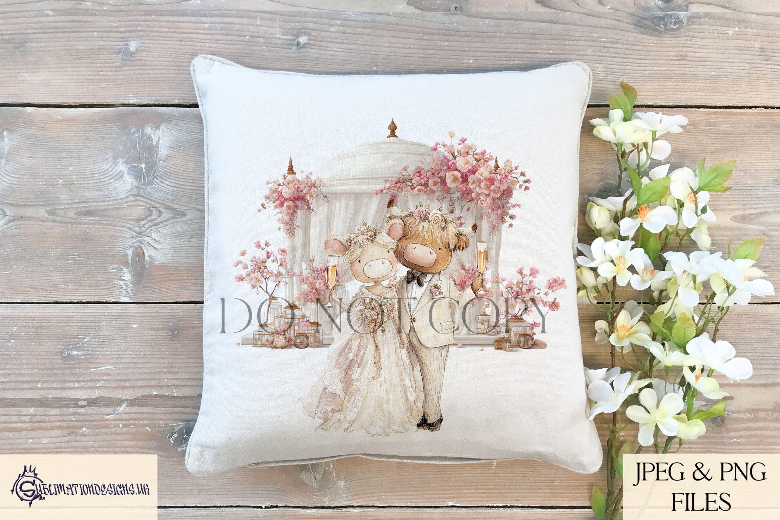 Wedding animal couples featuring teddy bears, Highland cows and rabbits shown with and without pavilion backgrounds