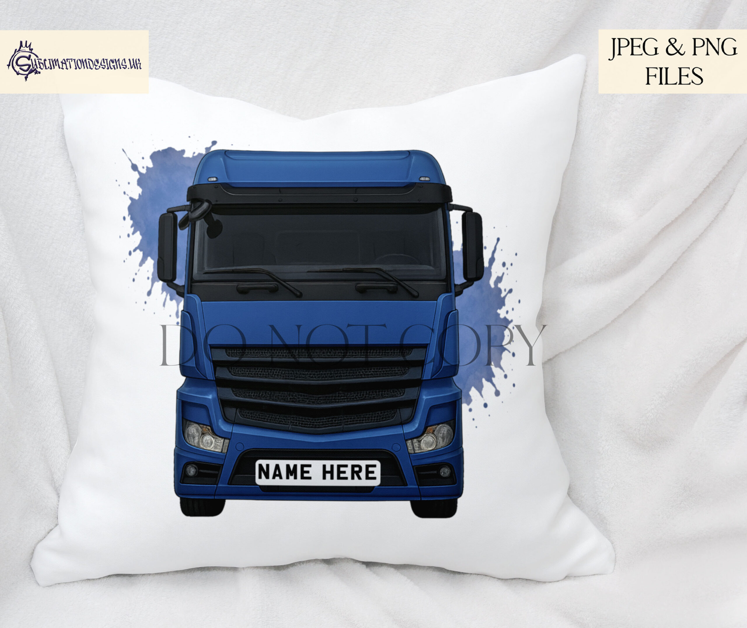 Trucker themed designs including personalised trucks and novelty artwork shown on product mock ups