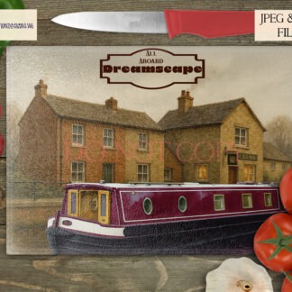 Narrowboat designs in Burgundy, Green, and Blue with banner for boat name shown on product mock ups